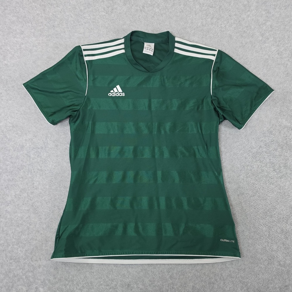 Adidas Climalite Soccer Jersey Mens Medium Green Tonal Striped Short Sleeve 0076